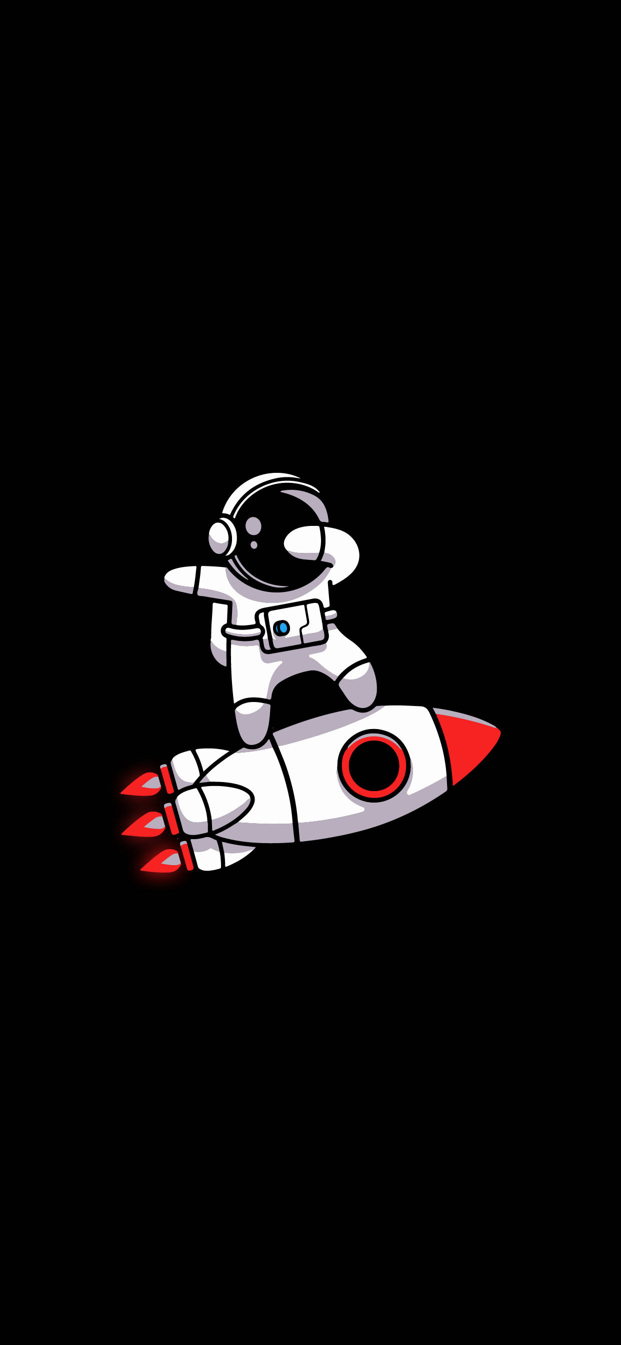 Black And White Astronaut 桌布 壁紙 — 一個穿著白色太空衣的卡通太空人，在純黑色背景前騎著紅白相間的火箭。