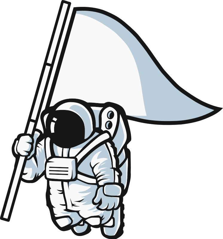Spaceman 桌布 壁紙 — 一個穿著白色太空衣的卡通太空人，在黑色背景上拿著一面空白旗幟，輪廓粗獷。