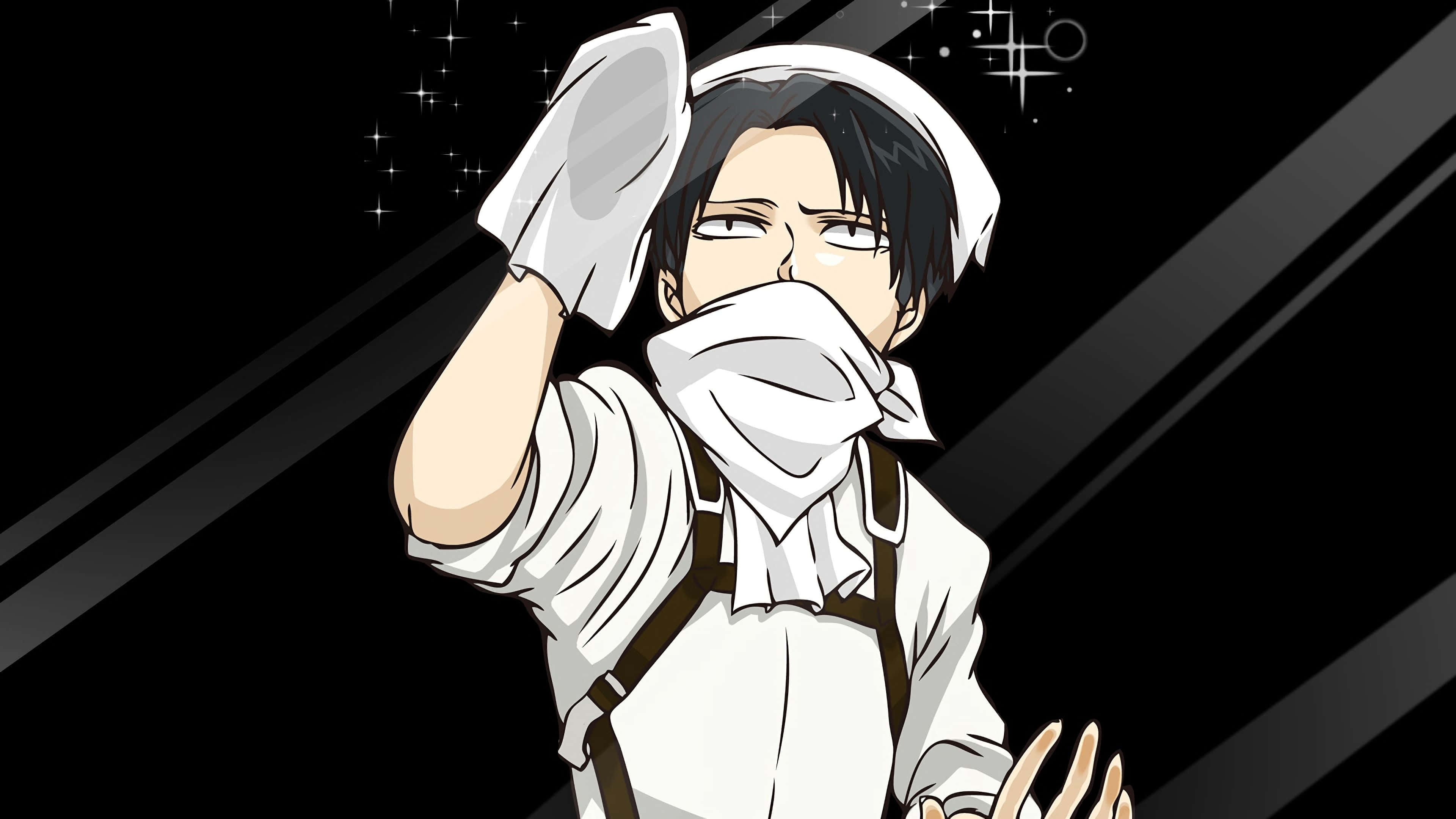 Levi Ackerman Desktop 桌布 壁紙 — 一個穿著白色女僕裝的動漫角色，在帶有對角線條和閃光的黑色背景上用布擦汗。