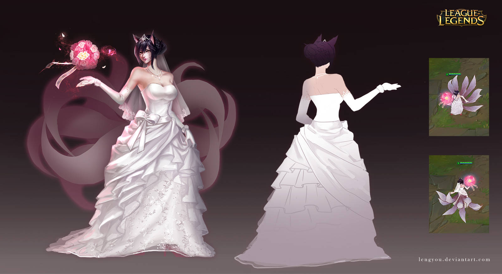 Wedding Aesthetic 桌布 壁紙 — 一個穿著白色婚紗、戴著貓耳和粉色花朵的角色，以遊戲內藝術展示正面和背面。