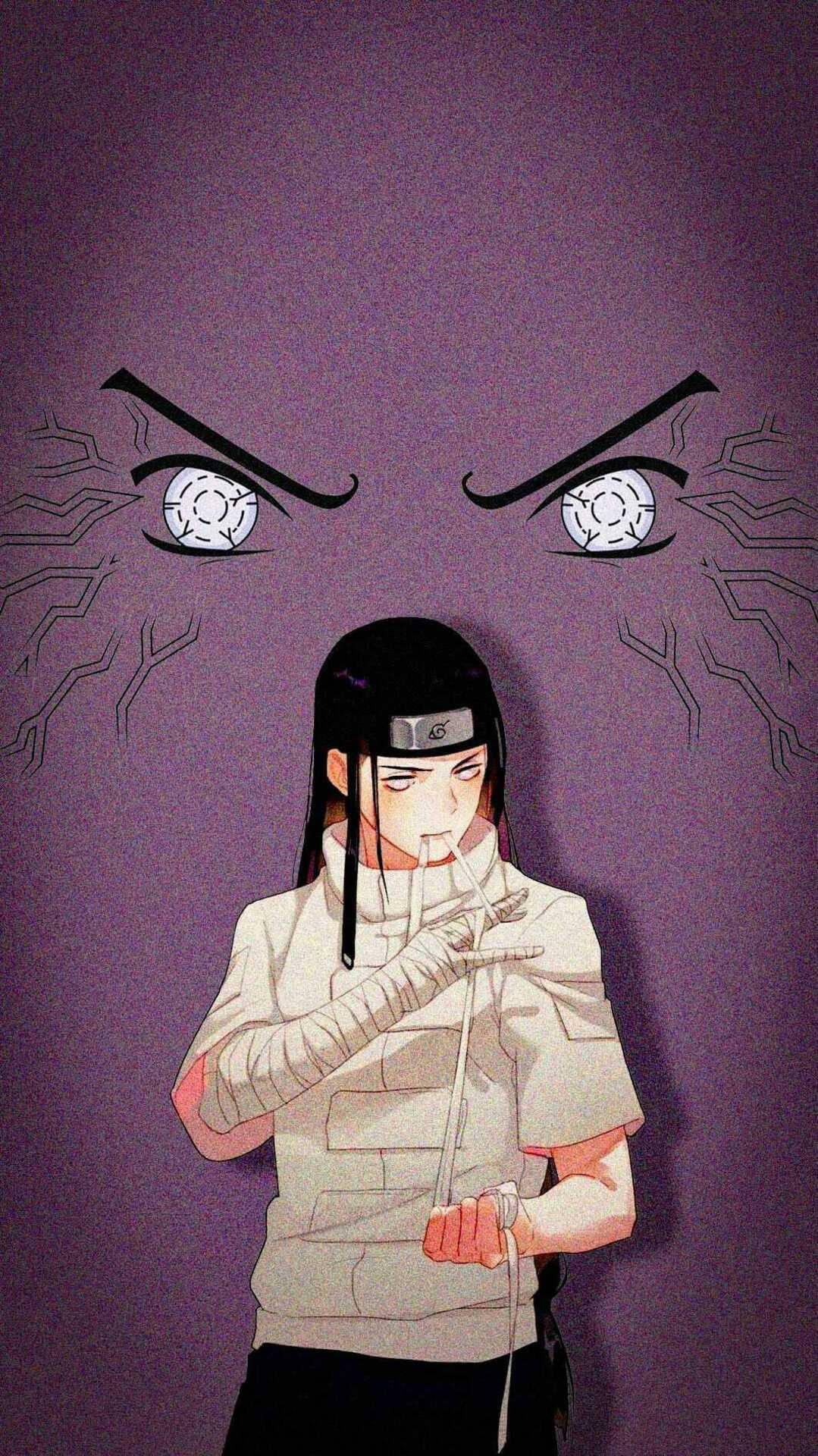 Neji 桌布 壁紙 — 一個穿著白色忍者裝備的動漫角色站在紫色背景前，背景有巨大的發光眼睛和劈啪作響的查克拉。