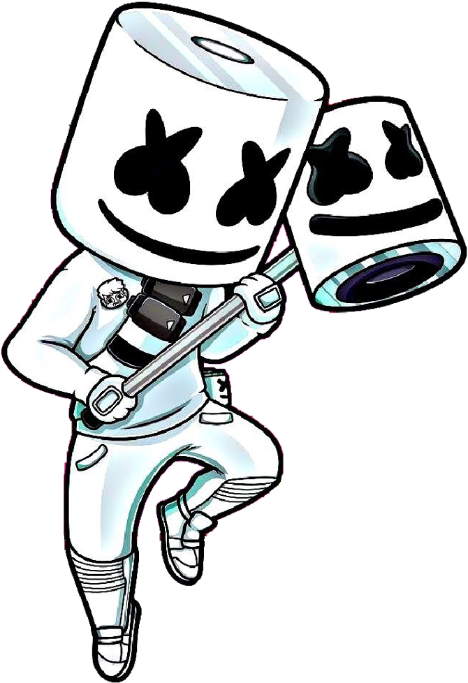 Marshmello 動態圖 桌布 壁紙 — 一個穿著白色服裝的卡通棉花糖角色在黑色背景下用揚聲器頭放大器彈奏電吉他。