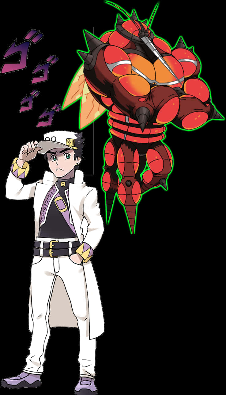 Jojo Menacing 桌布 壁紙 — 一個穿著白色服裝的年輕動漫男孩在一個帶有發光綠色邊緣的紅色和橙色裝甲怪物旁邊敬禮。