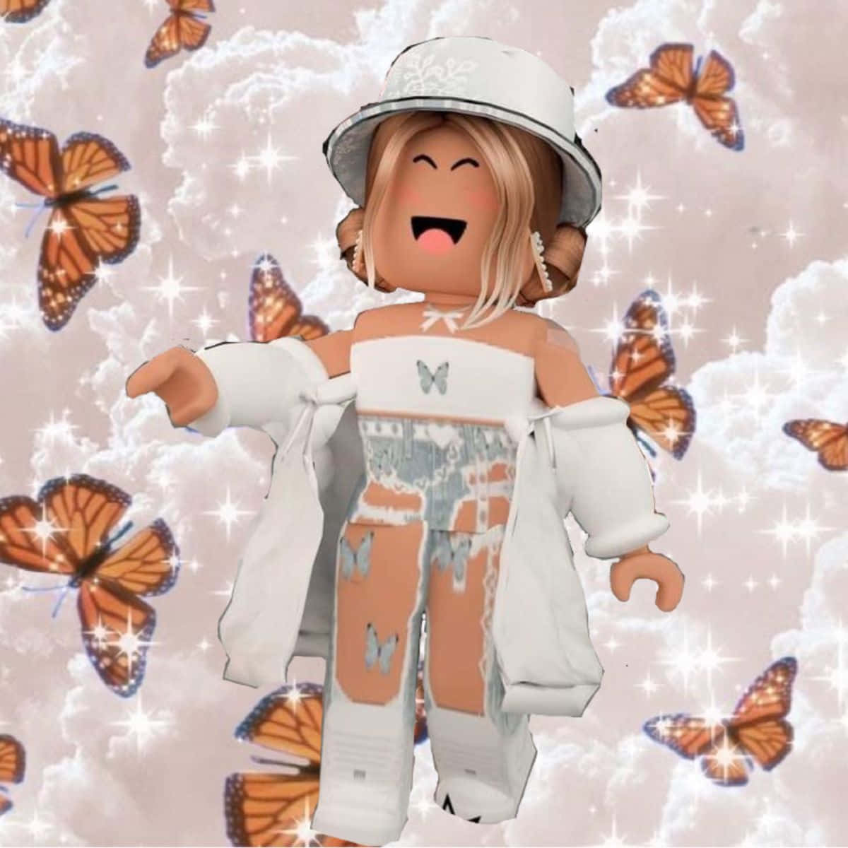 美學 Roblox 女孩 桌布 壁紙 — 一個穿著白色服裝的開心Roblox頭像，被橙色蝴蝶和閃爍的雲朵包圍。