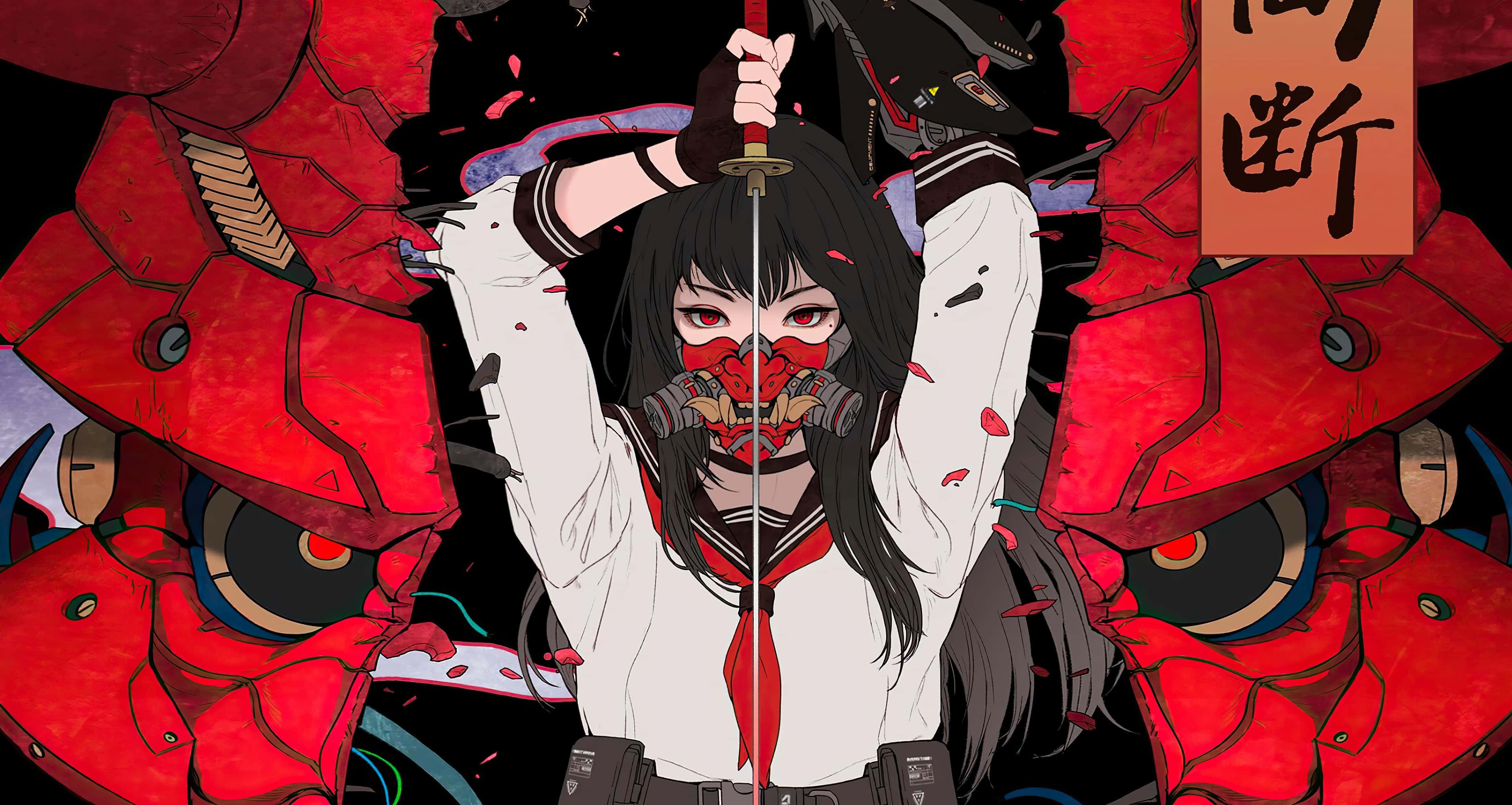 Yokai 桌布 壁紙 — 一個穿著白色校服的兇猛動漫女孩在兩個有著發光眼睛的紅色機械怪物之間揮舞著武士刀。