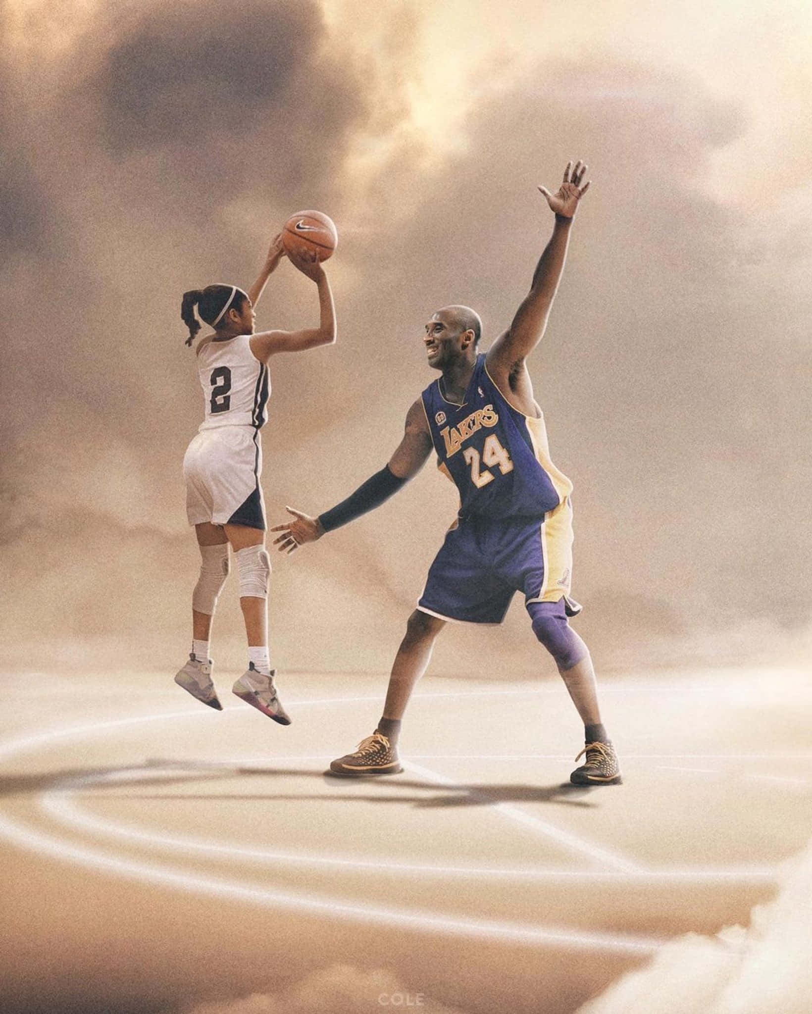 Kobe And Gigi 桌布 壁紙 — 一個穿著白色球衣的女孩投籃，而柯比·布萊恩穿著他的湖人24號球衣在陰雲密佈的天空背景下防守。