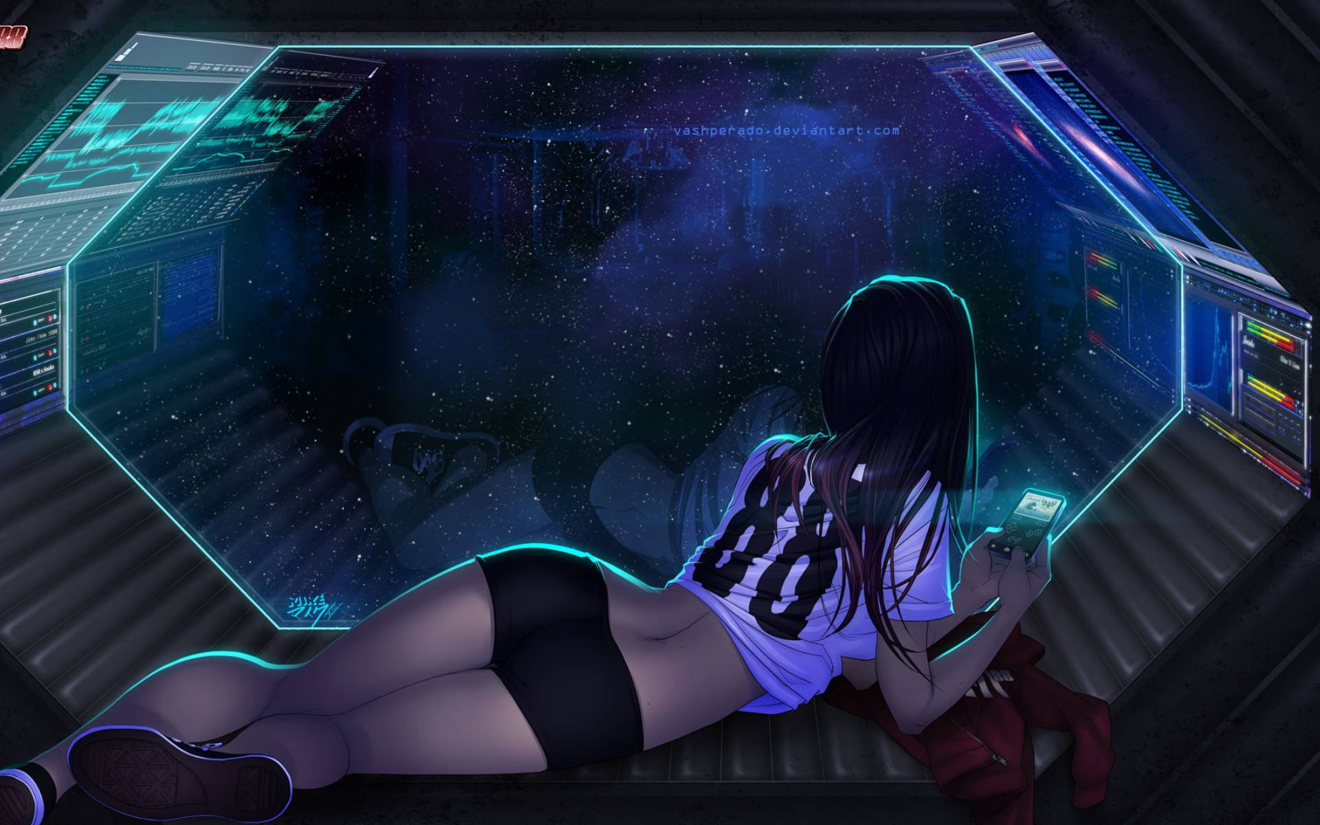 Sexy Anime 桌布 壁紙 — 一個穿著白色球衣的女孩躺在一個未來主義的控制台上，周圍是發光的全息屏幕和星空太空景觀。
