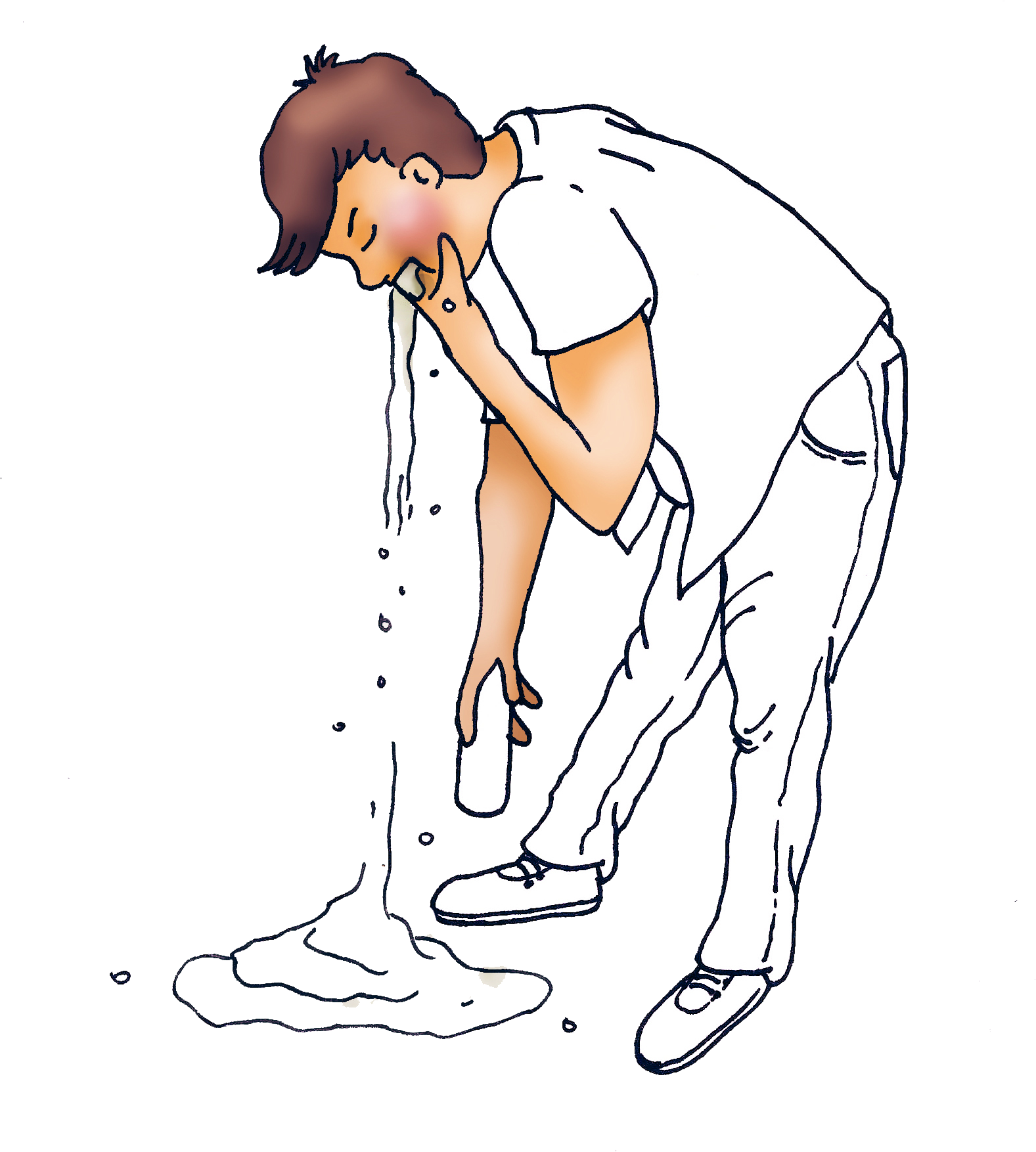 Vomit 桌布 壁紙 — 一個穿著白色衣服的卡通男人彎腰在黑色背景的地板上嘔吐深色液體。