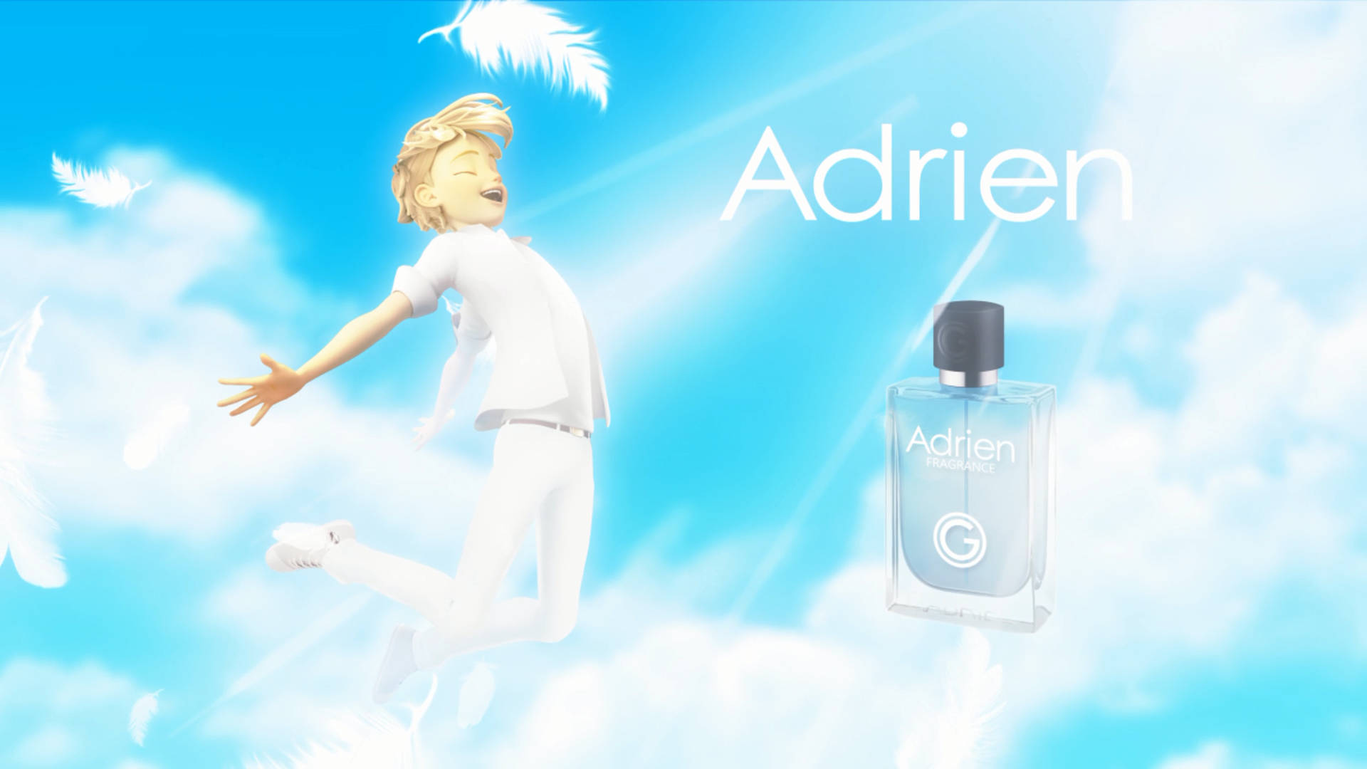 Adrien 桌布 壁紙 — 一個穿著白色衣服的快樂動畫男孩在明亮的藍天中跳躍，旁邊漂浮著羽毛和一個標有Adrien的香水瓶。