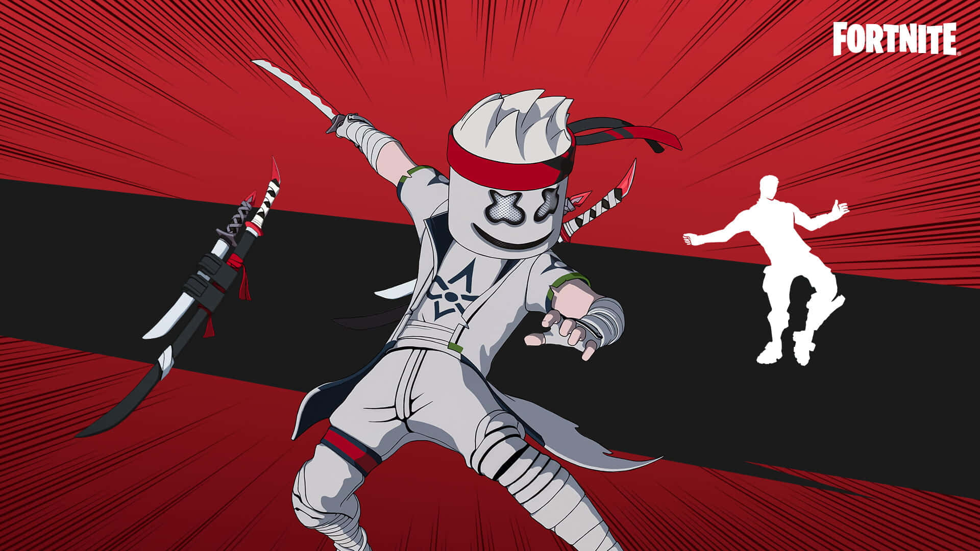 Fortnite Marshmello 桌布 壁紙 — 一個穿著白色裝備的Fortnite忍者角色，在紅色和黑色背景上揮舞著武士刀，帶有運動線條。