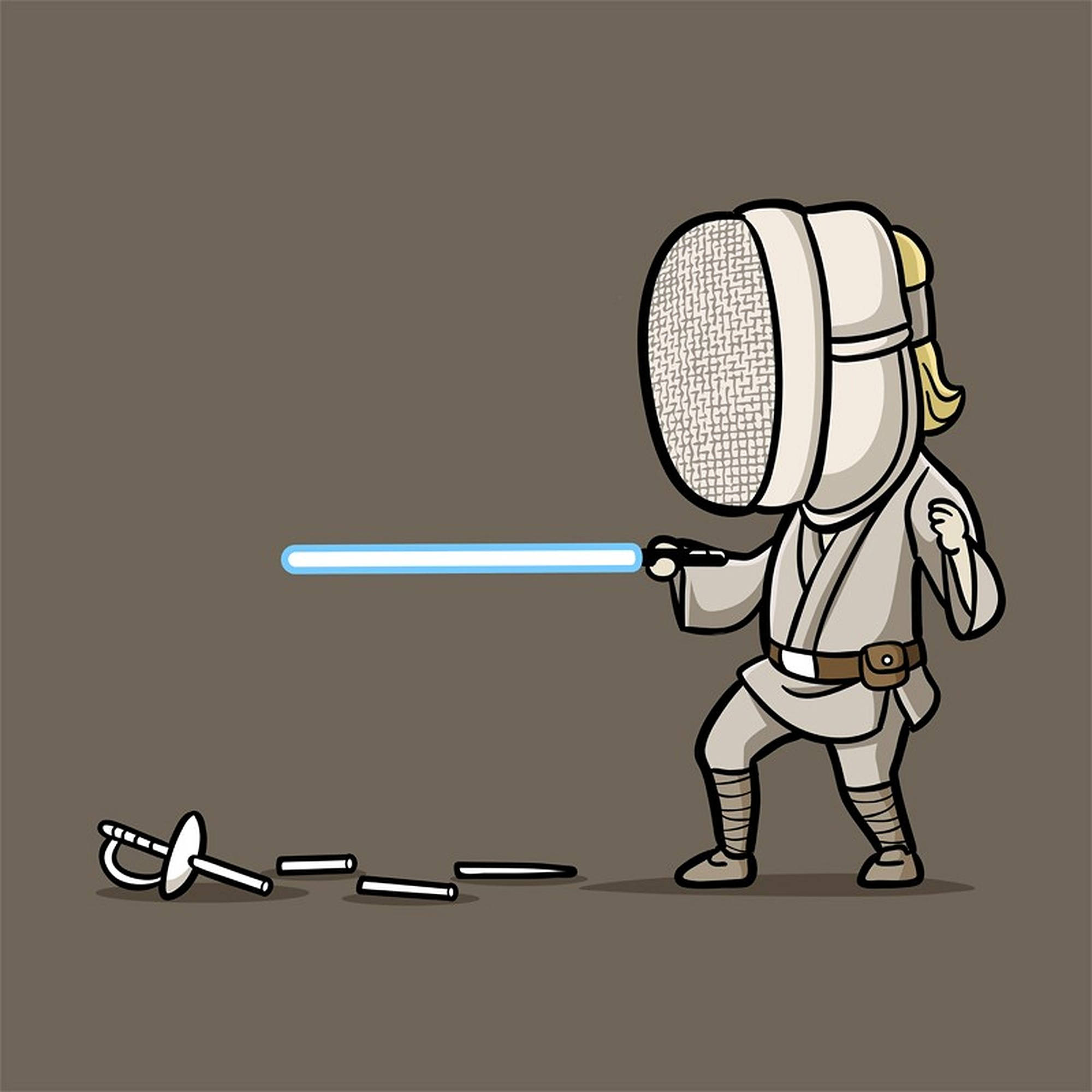 Fencing 桌布 壁紙 — 一個穿著白色裝備的卡通劍擊手揮舞著發光的藍色光劍，而折斷的劍擊劍散落在地板上。
