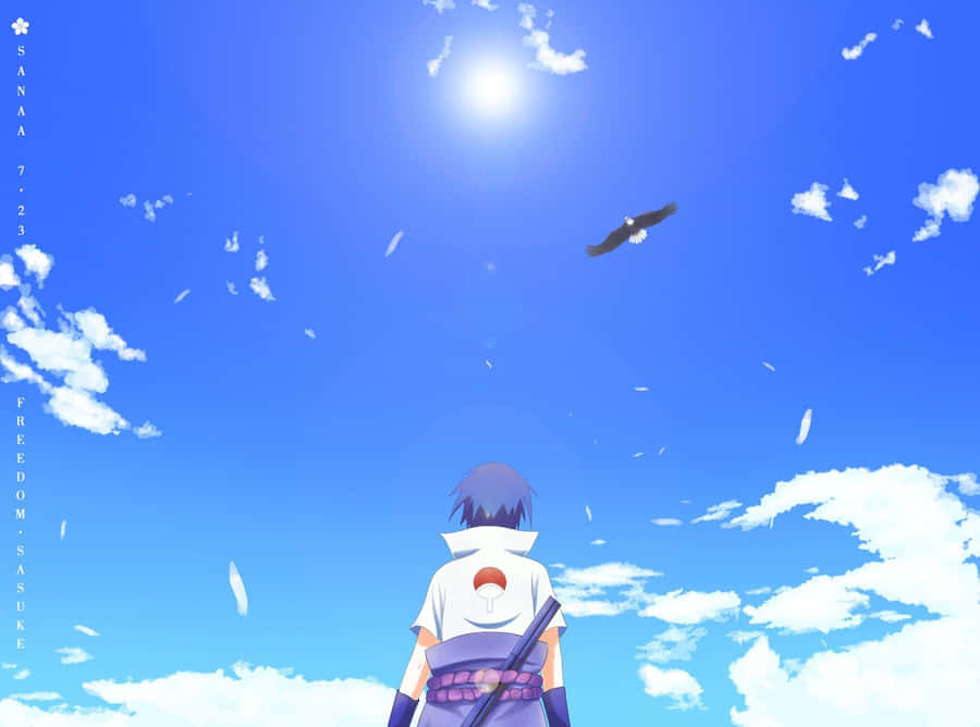 Blue Sasuke 桌布 壁紙 — 一個穿著白色襯衫、帶有紅色螺旋標誌的年輕動漫男孩站在明亮的藍天下，看著一隻黑色的鷹在飄浮的白色花瓣旁翱翔。