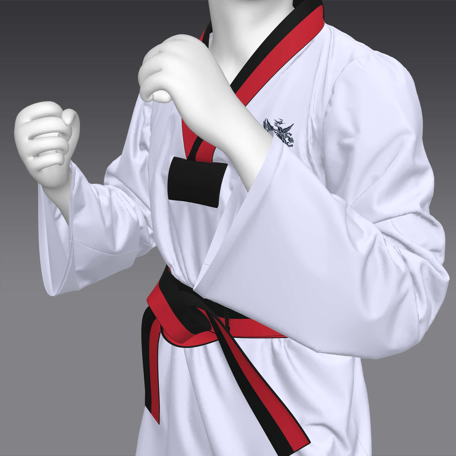 Taekwondo Uniform 桌布 壁紙 — 一個穿著白色跆拳道服、繫著紅黑腰帶的人體模型，在灰色背景前擺出武術姿勢。