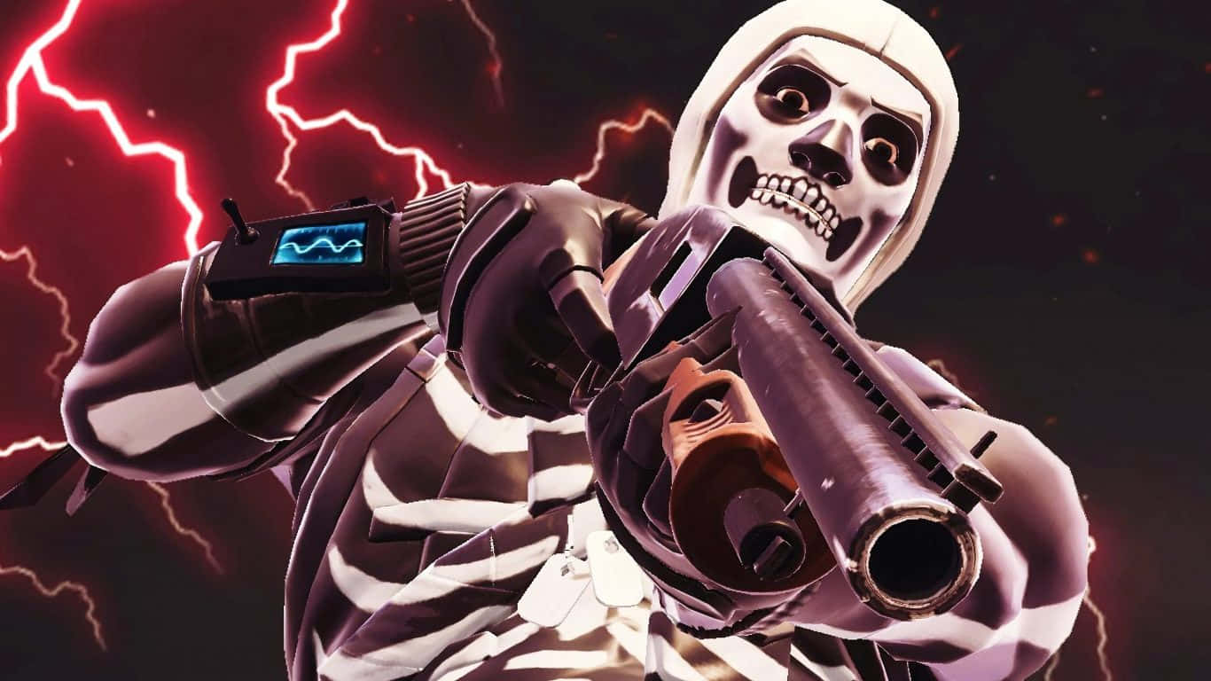 Fortnite 造型 桌布 壁紙 — 一個穿著白色連帽套裝的骷髏人物，在紅色閃電背景下瞄準一把未來武器。
