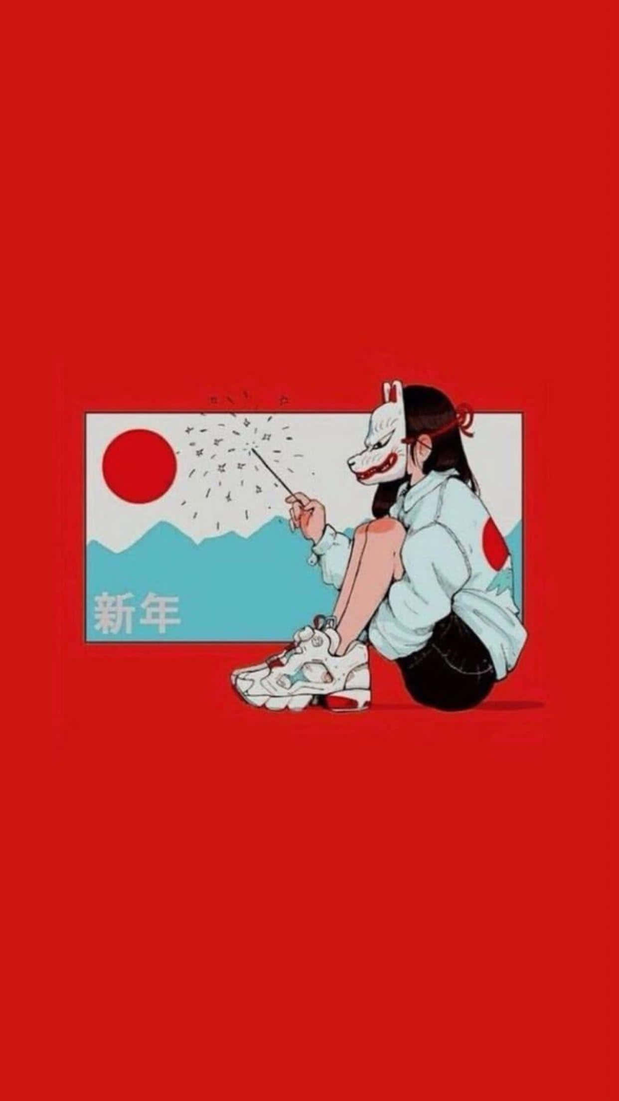 動漫女孩 桌布 壁紙 — 一個穿著白色連帽衫和運動鞋的女孩坐在紅色背景前，拿著狐狸面具和煙火棒，靠近日本新年插圖。