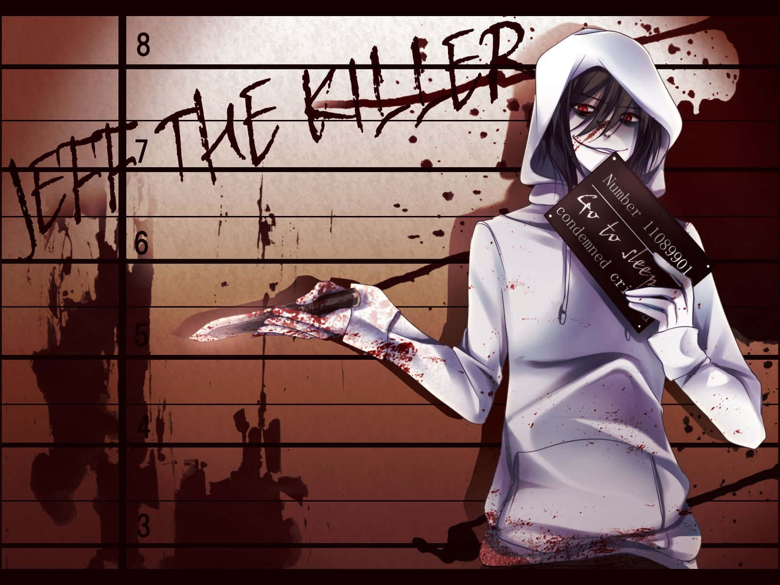 Jeff The Killer 桌布 壁紙 — 一個穿著白色連帽衫的動漫殺手，在血跡斑斑的警察列隊背景前，拿著一把血淋淋的刀和一張「Go to Sleep」卡片。
