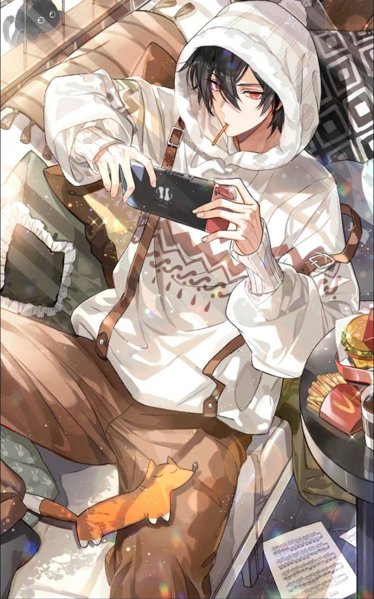 Crazy Anime Boy 桌布 壁紙 — 一個穿著白色連帽衫的年輕動漫男孩躺在沙發上玩掌上遊戲機，旁邊有一隻狐狸玩偶，附近有速食。