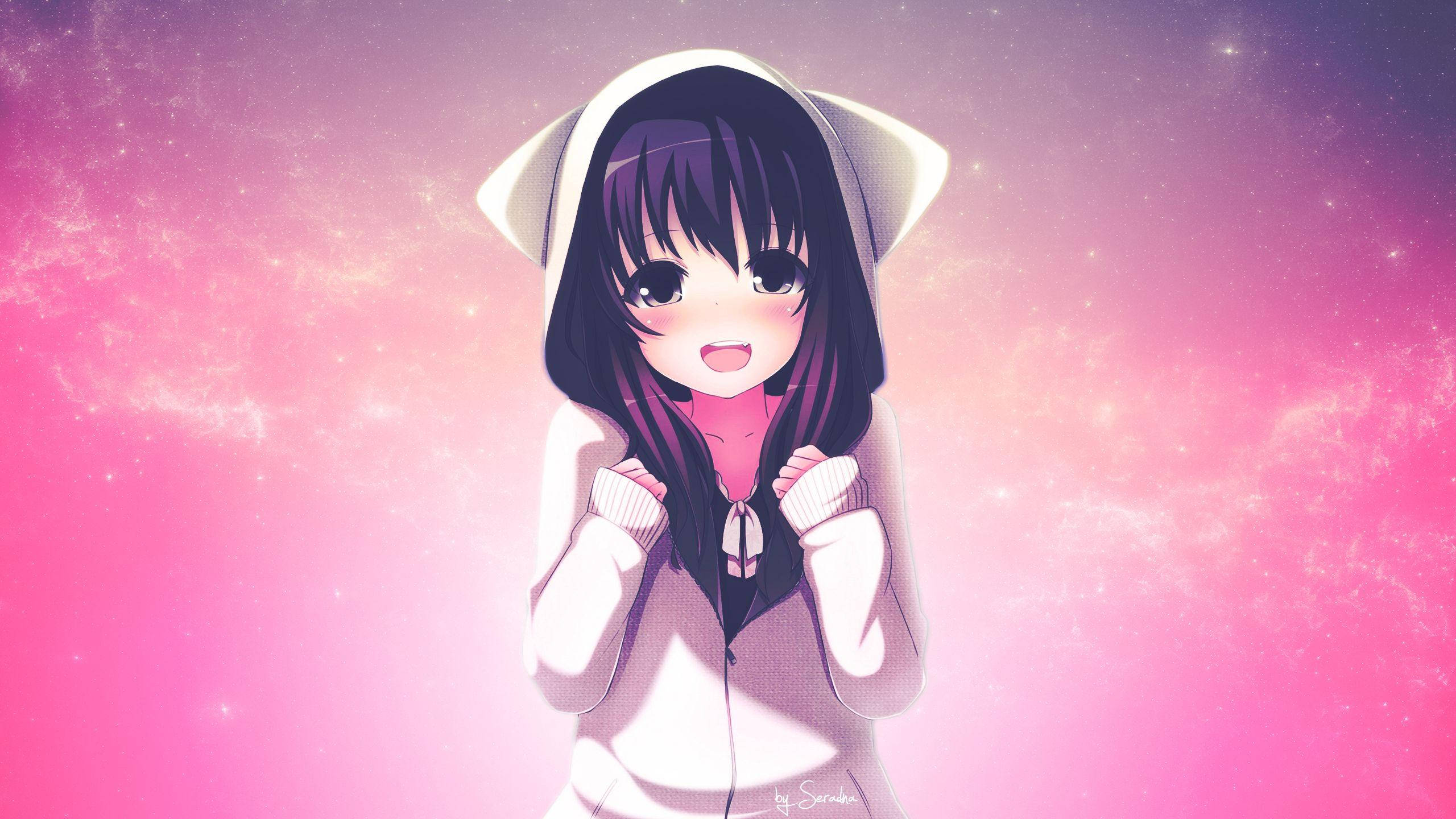 Hoodie 桌布 壁紙 — 一個穿著白色連帽衫的開朗動漫女孩，站在發光的粉紅色和紫色星空背景前。