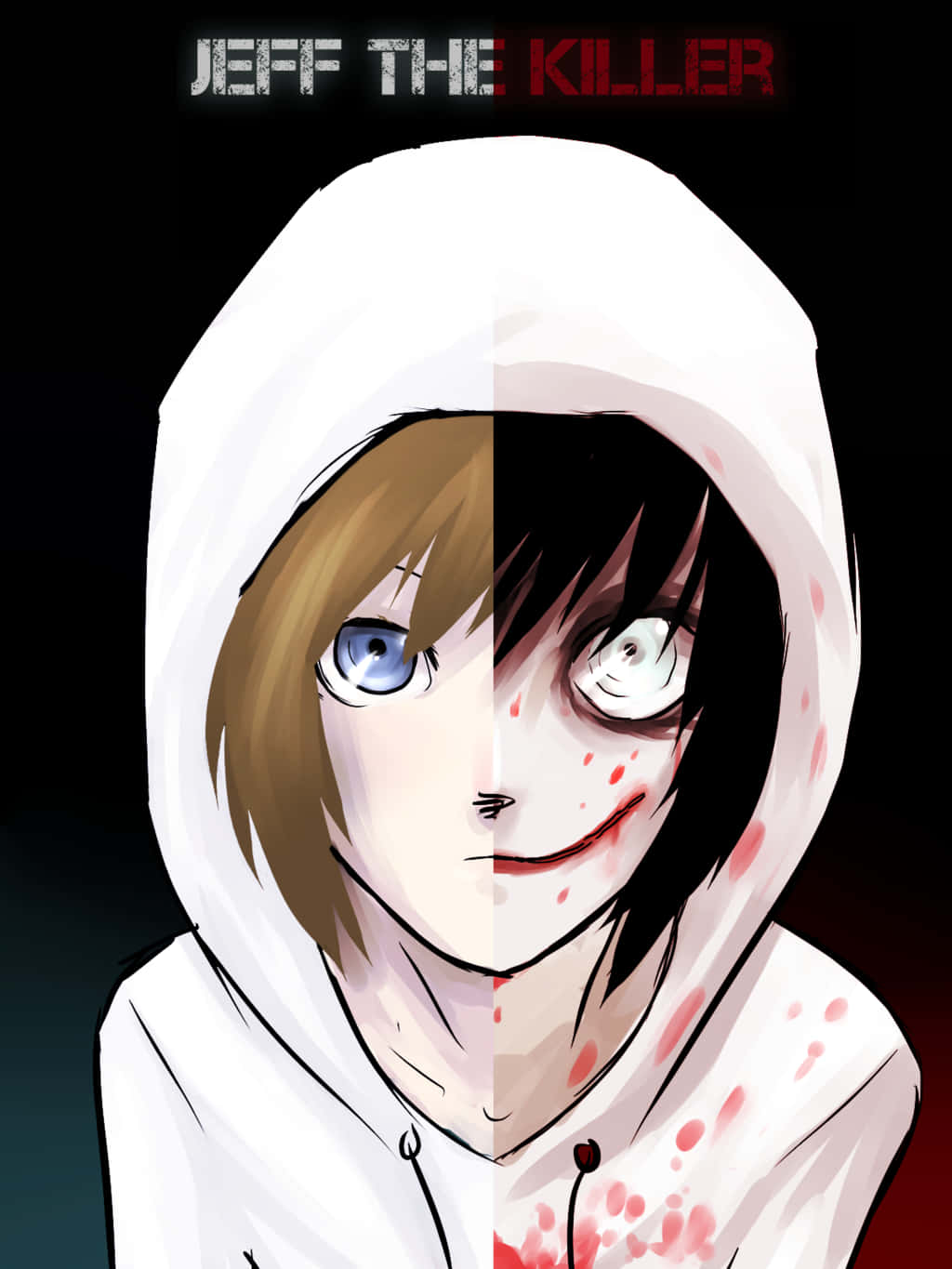 Jeff The Killer 桌布 壁紙 — 一個穿著白色連帽衫的雙面動漫角色，在黑暗背景下，一面顯示為冷靜的男孩，另一面顯示為血淋淋的殺手。