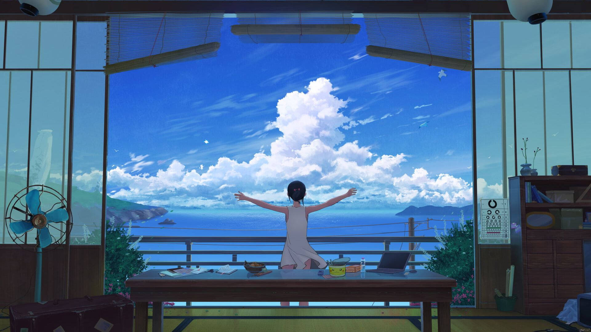 4K 沉靜 桌布 壁紙 — 一個穿著白色連衣裙的女孩在一張木桌上張開雙臂，面向透過大窗戶看到的廣闊藍色海洋和天空。