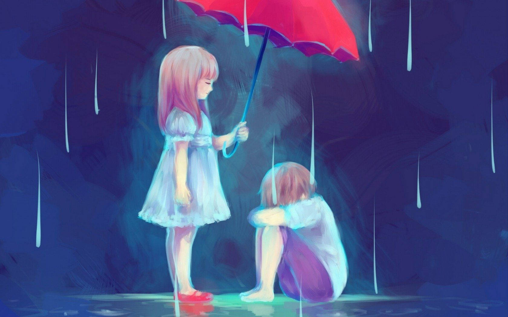 可憐動漫 桌布 壁紙 — 一個穿著白色連衣裙的女孩在雨中的深藍色場景中，為一個蹲著的孩子撐著一把紅傘。