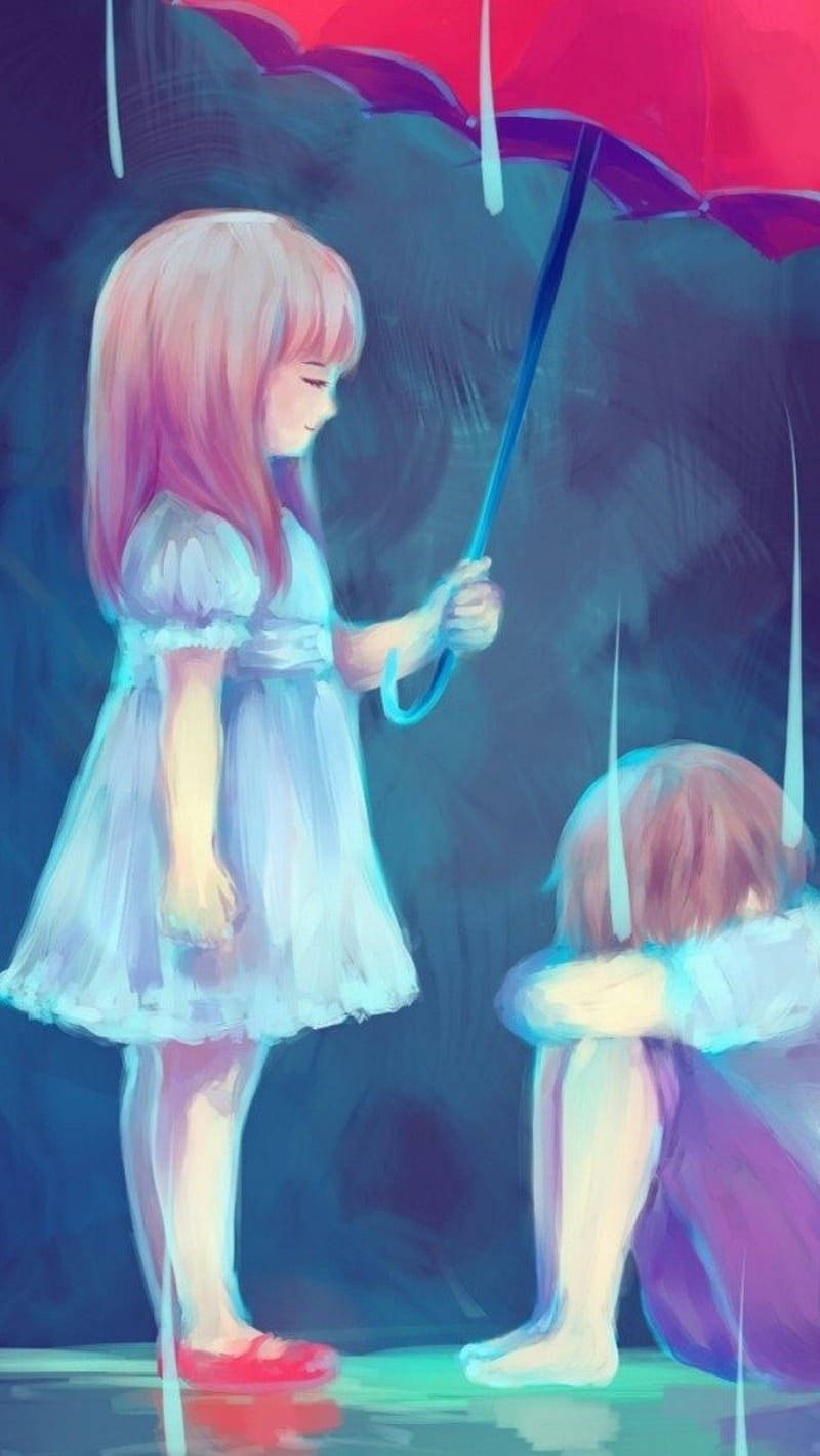 Raining 桌布 壁紙 — 一個穿著白色連衣裙的女孩在黑暗的天空下，為一個蹲在雨中的孩子撐著一把紅傘。