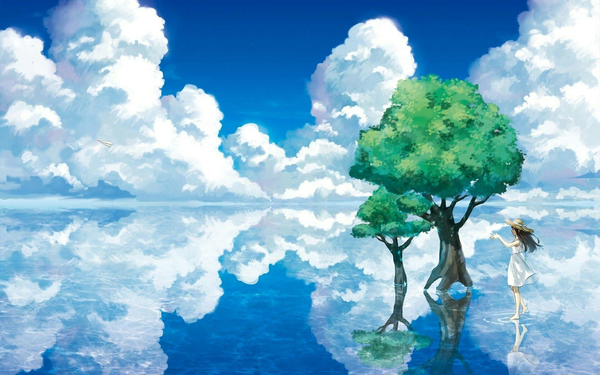 Anime Sky 桌布 壁紙 — 一個穿著白色連衣裙的女孩站在一棵綠樹旁邊，在充滿蓬鬆雲朵的天空下，站在反射的藍色表面上。