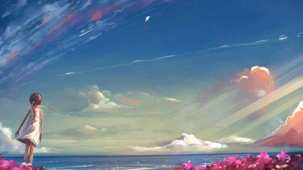 Anime Cloud 桌布 壁紙 — 一個穿著白色連衣裙的女孩站在粉紅色花朵的海岸上，看著風箏在帶有條紋雲彩的鮮豔天空中飛翔。