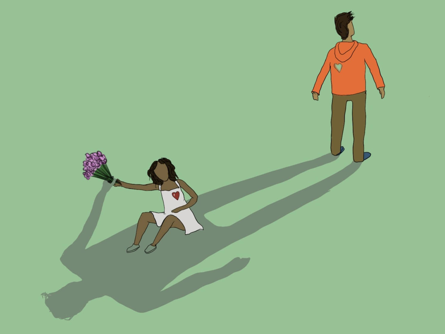 One Sided Love 桌布 壁紙 — 一個穿著白色連衣裙的女孩跪著，向一個穿著橙色連帽衫走開的男孩獻上紫色的花。