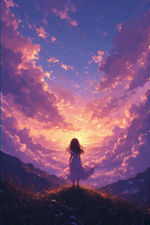 Dawn’s Embrace Sunrise Reverie 4K 壁紙 — 一個穿著白色連衣裙的孤獨女孩站在日落時分的草地上，在紫色、橙色和粉紅色雲彩的戲劇性天空映襯下形成剪影。