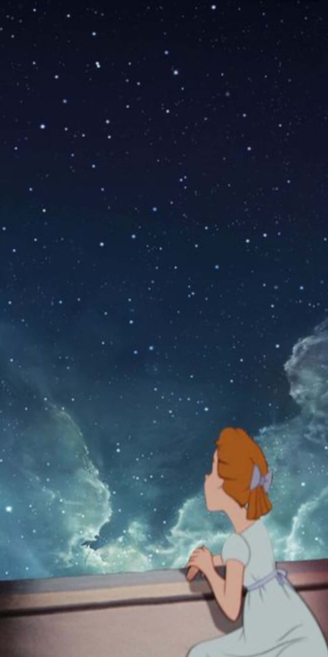 Pixel 3 Disney 桌布 壁紙 — 一個穿著白色連衣裙的小女孩仰望廣闊的星空，滿天繁星閃爍，雲朵發光。