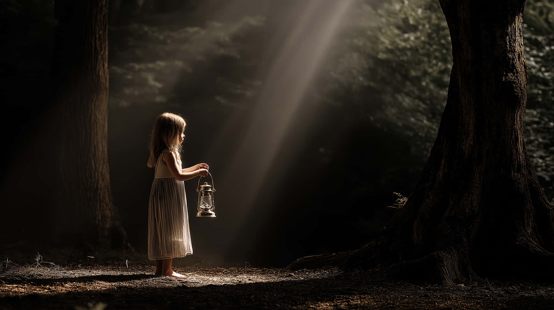Little Girl with Lantern in Mystical Forest Light Beams 壁紙 — 一個穿著白色連衣裙的小女孩提著燈籠，陽光穿過黑暗森林中的樹木照射下來。