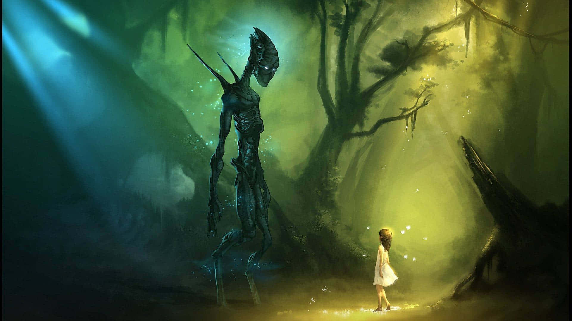 Cartoon Alien 桌布 壁紙 — 一個穿著白色連衣裙的小女孩站在一個迷霧繚繞、發光的森林中，面對一個高聳的外星生物。