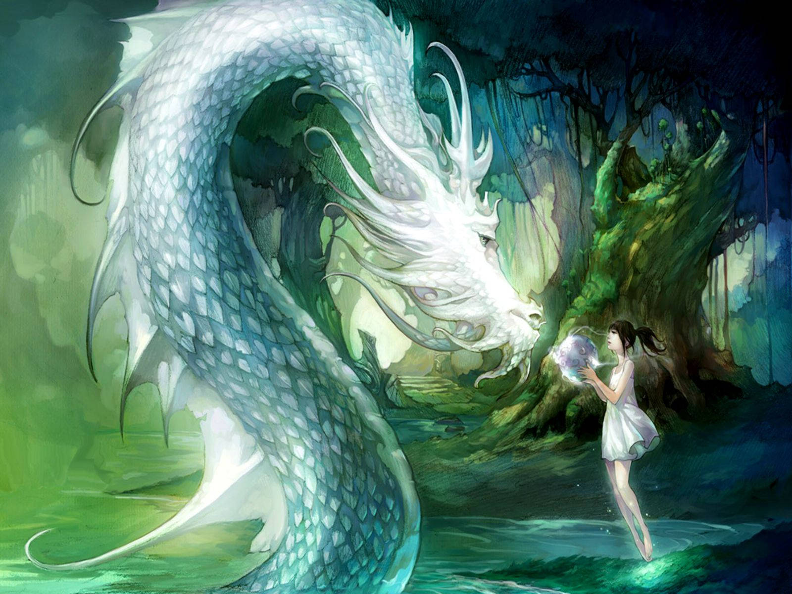 Water Dragon 桌布 壁紙 — 一個穿著白色連衣裙的年輕女孩站在發光的水中，手持水晶球，面對著神秘綠色森林中的一隻巨大白色龍。