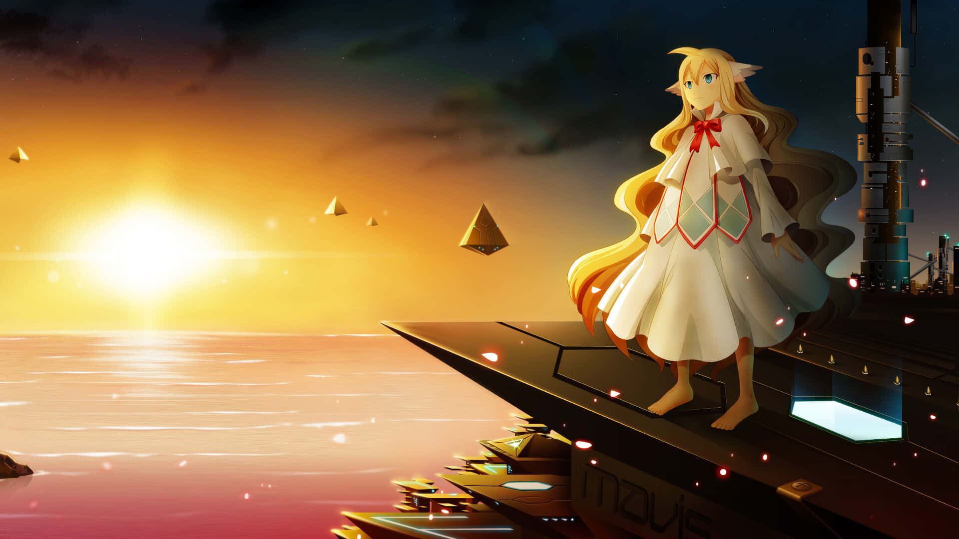 Mavis Vermillion 桌布 壁紙 — 一個穿著白色連衣裙的狐耳動漫女孩，赤腳站在一艘未來風格的船上，背景是日落時分平靜的海洋，海面上漂浮著金字塔。