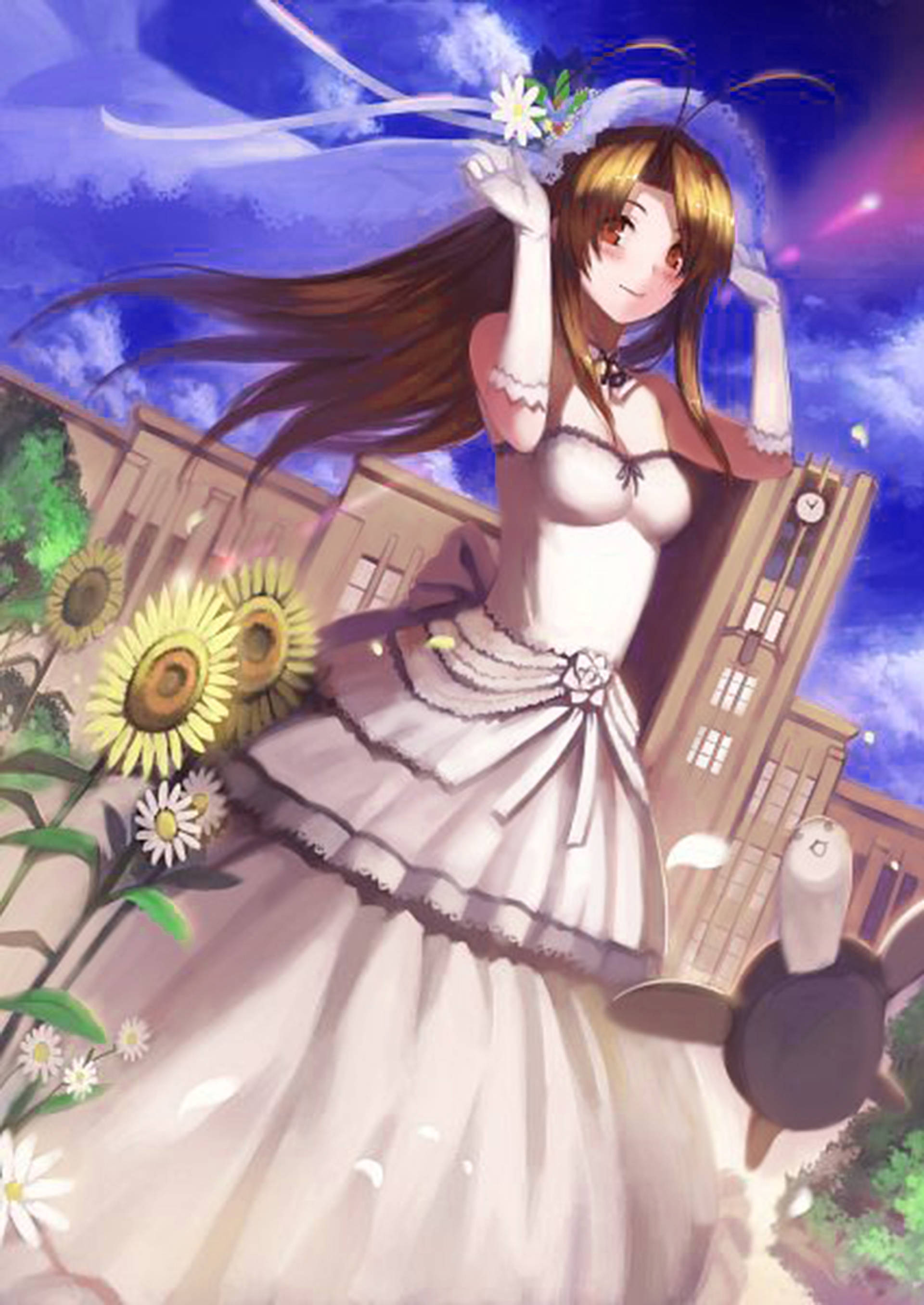 Hina 桌布 壁紙 — 一個穿著白色連衣裙的開朗動漫女孩站在向日葵和雛菊中，在飄浮絲帶的鮮豔藍天下。