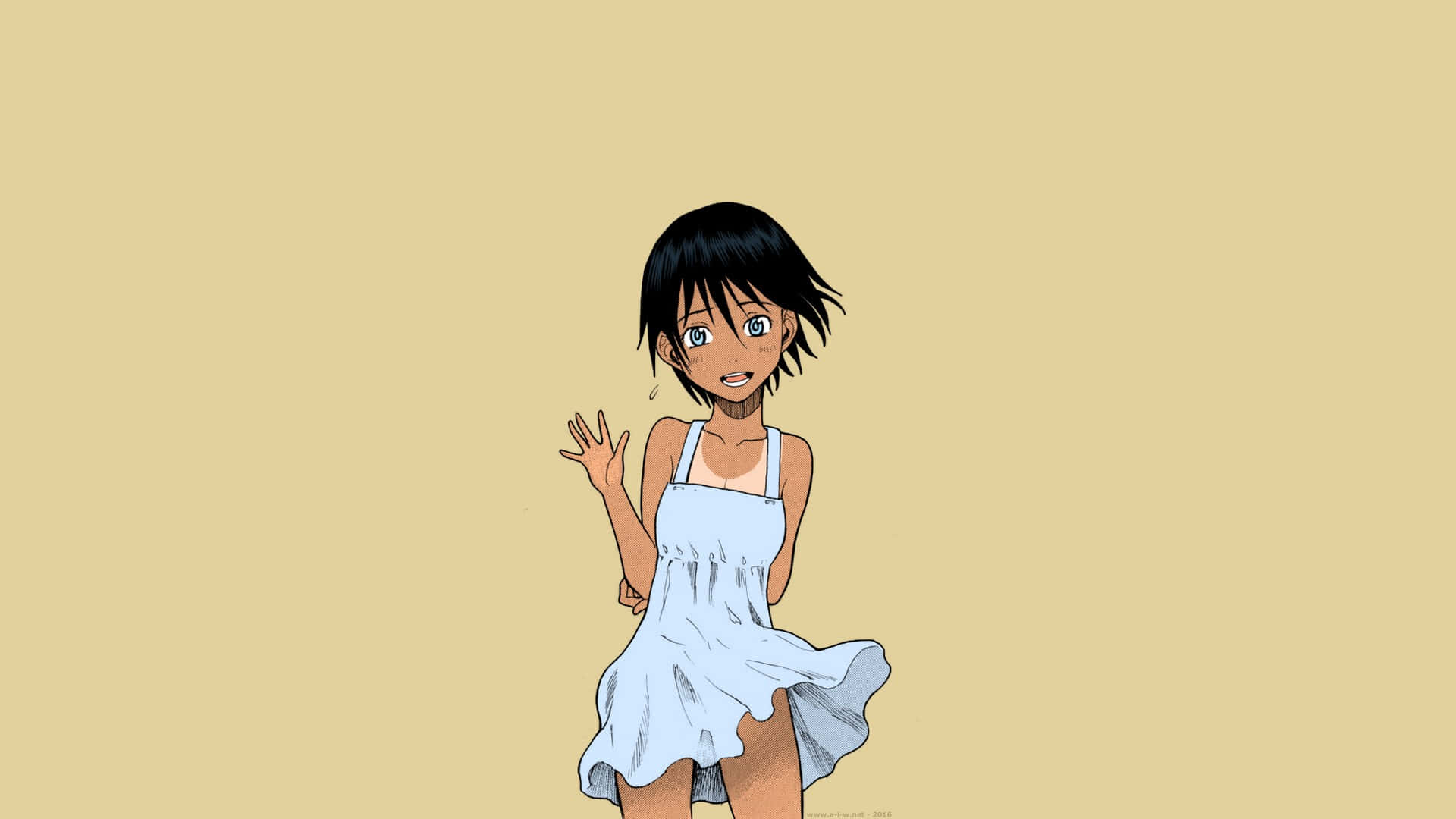 Tomboy Girl 桌布 壁紙 — 一個穿著白色連衣裙的開朗動漫女孩在純米色背景上揮手，表情俏皮。
