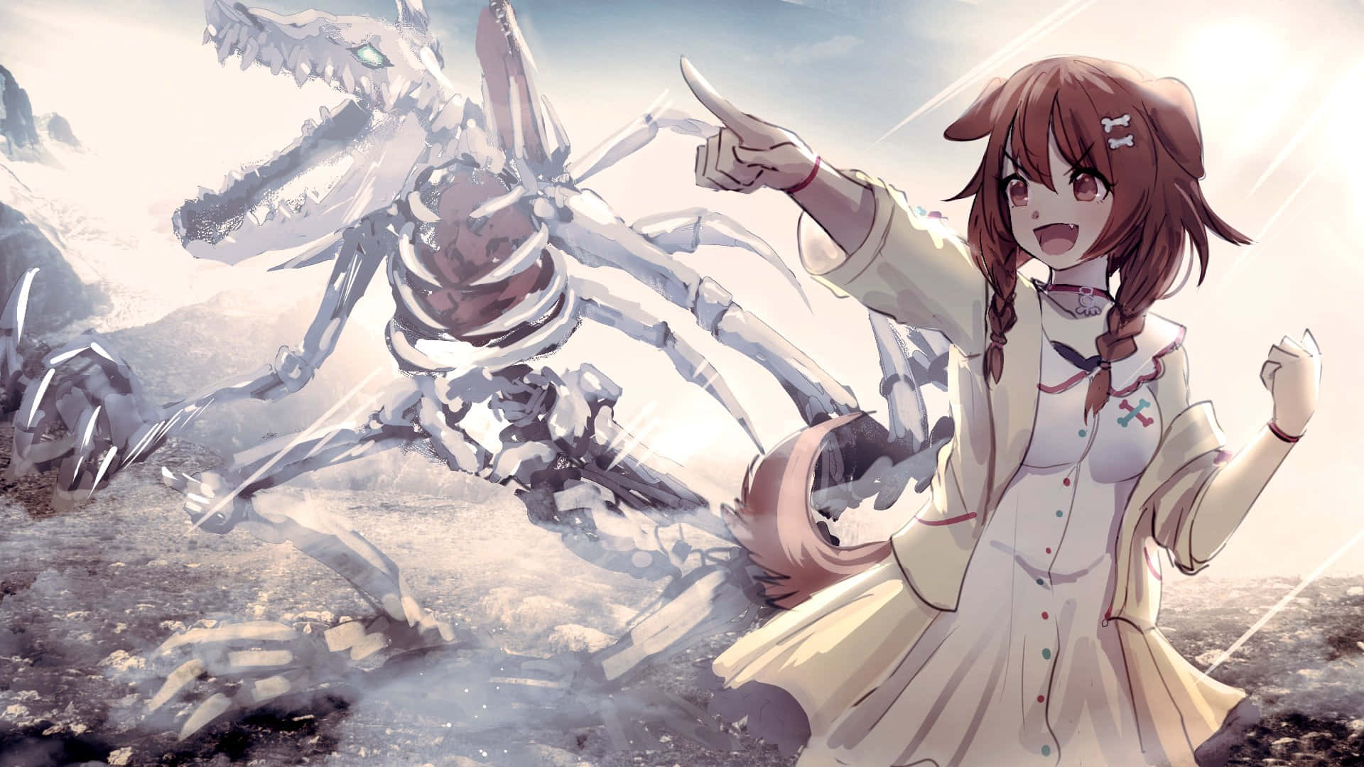 Inugami Korone 桌布 壁紙 — 一個穿著白色連衣裙的開朗動漫女孩，在雪地山區地形中勝利地指著一個巨大的機械龍骨架。