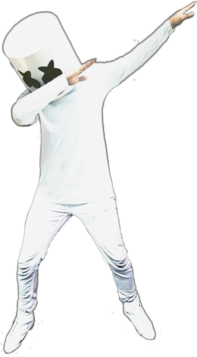 Marshmello 動態圖 桌布 壁紙 — 一個穿著白色連身衣和棉花糖頭盔的人，在黑色背景上擺出充滿動感的 dab 姿勢。