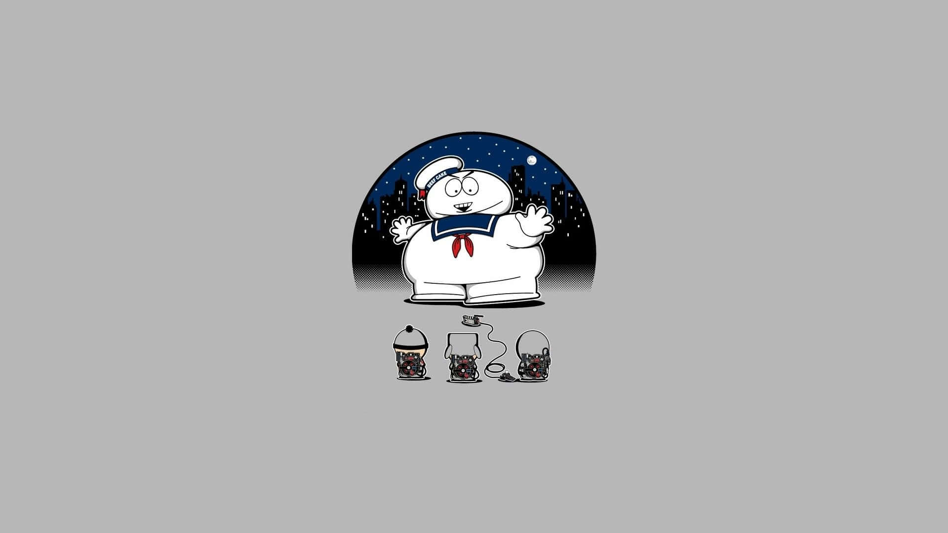 魔鬼剋星 桌布 壁紙 — 一個穿著白色連身衣的卡通捉鬼敢死隊站在繁星點點的夜空前，下方有三個細小的鬼魂身影。