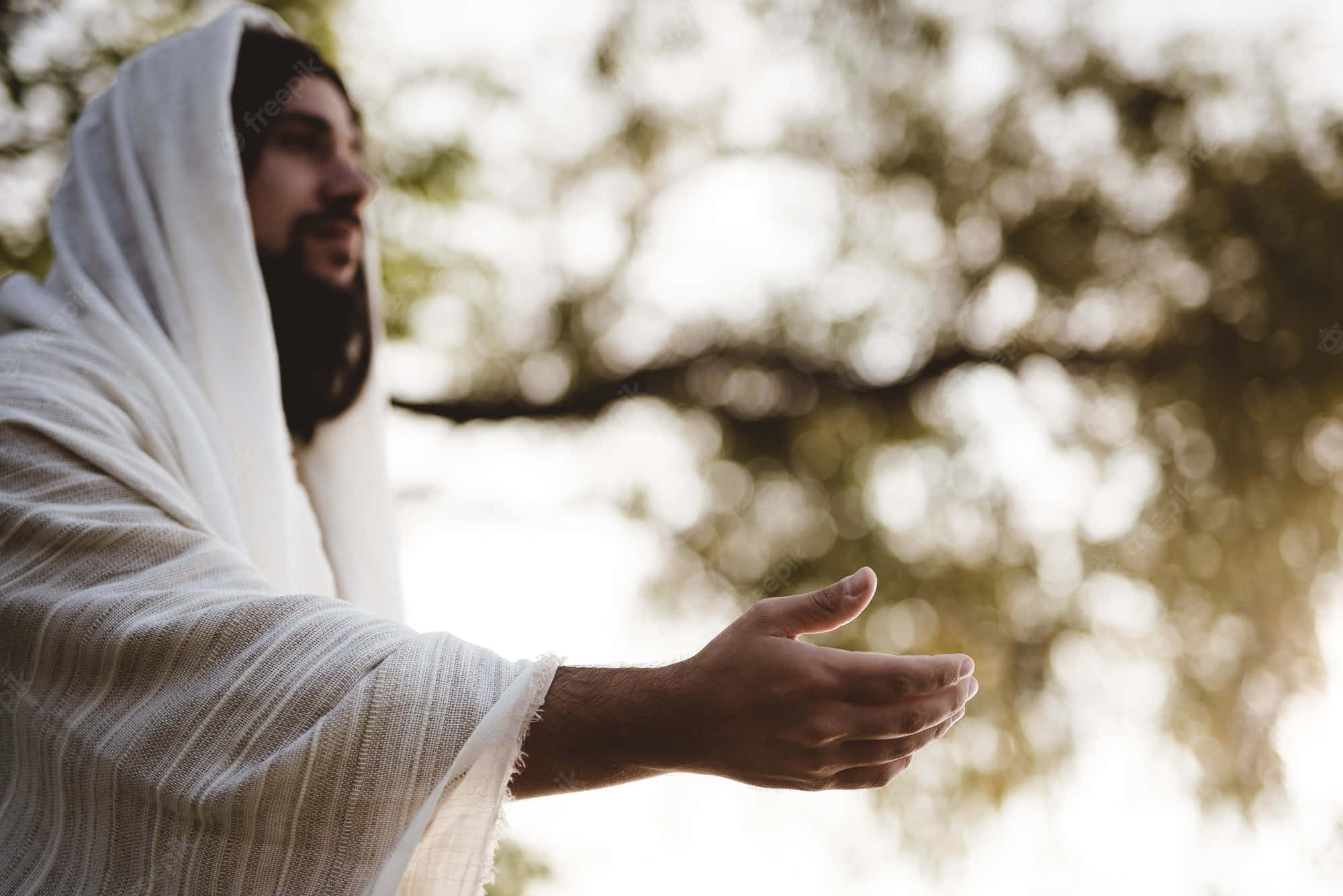 Jesus Praying 桌布 壁紙 — 一個穿著白色長袍的男人，在寧靜的戶外環境中，向著陽光普照的樹木伸出手。