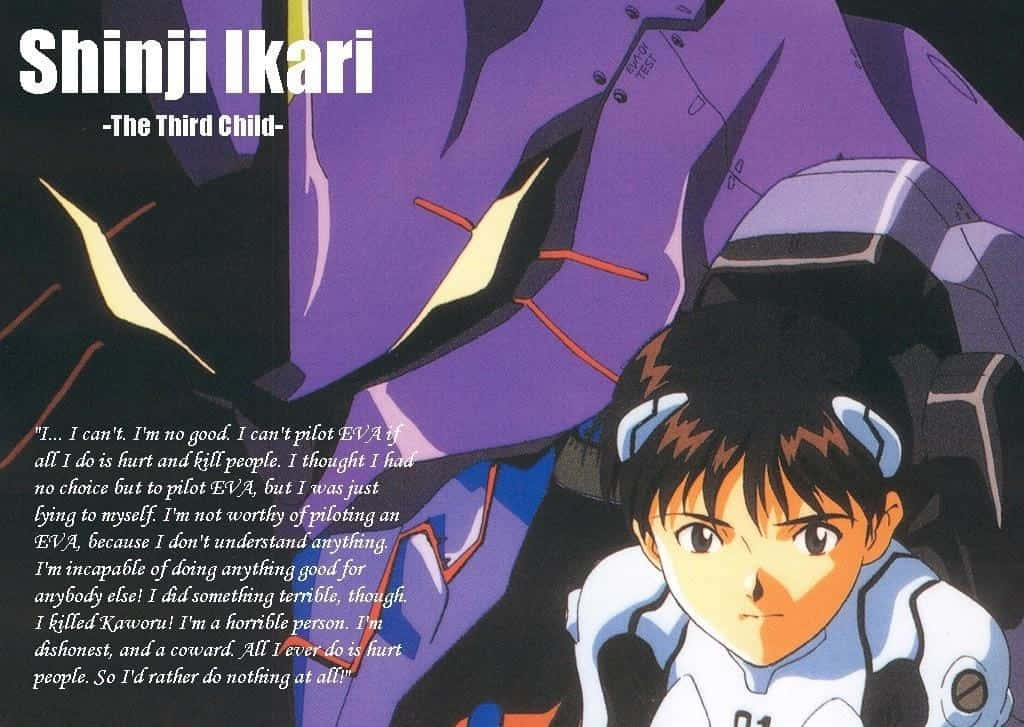 Shinji Ikari 桌布 壁紙 — 一個穿著白色飛行服的年輕動畫男孩，在一個高聳的紫色EVA機體旁邊，帶著困擾的表情向上看。