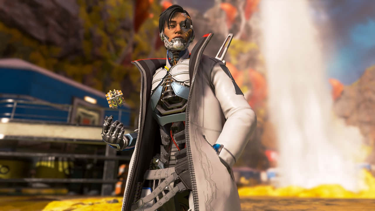 720p Apex Legends 桌布 壁紙 — 一個穿著白袍的機械角色自信地站立，手持手榴彈，背景充滿活力且熾熱。