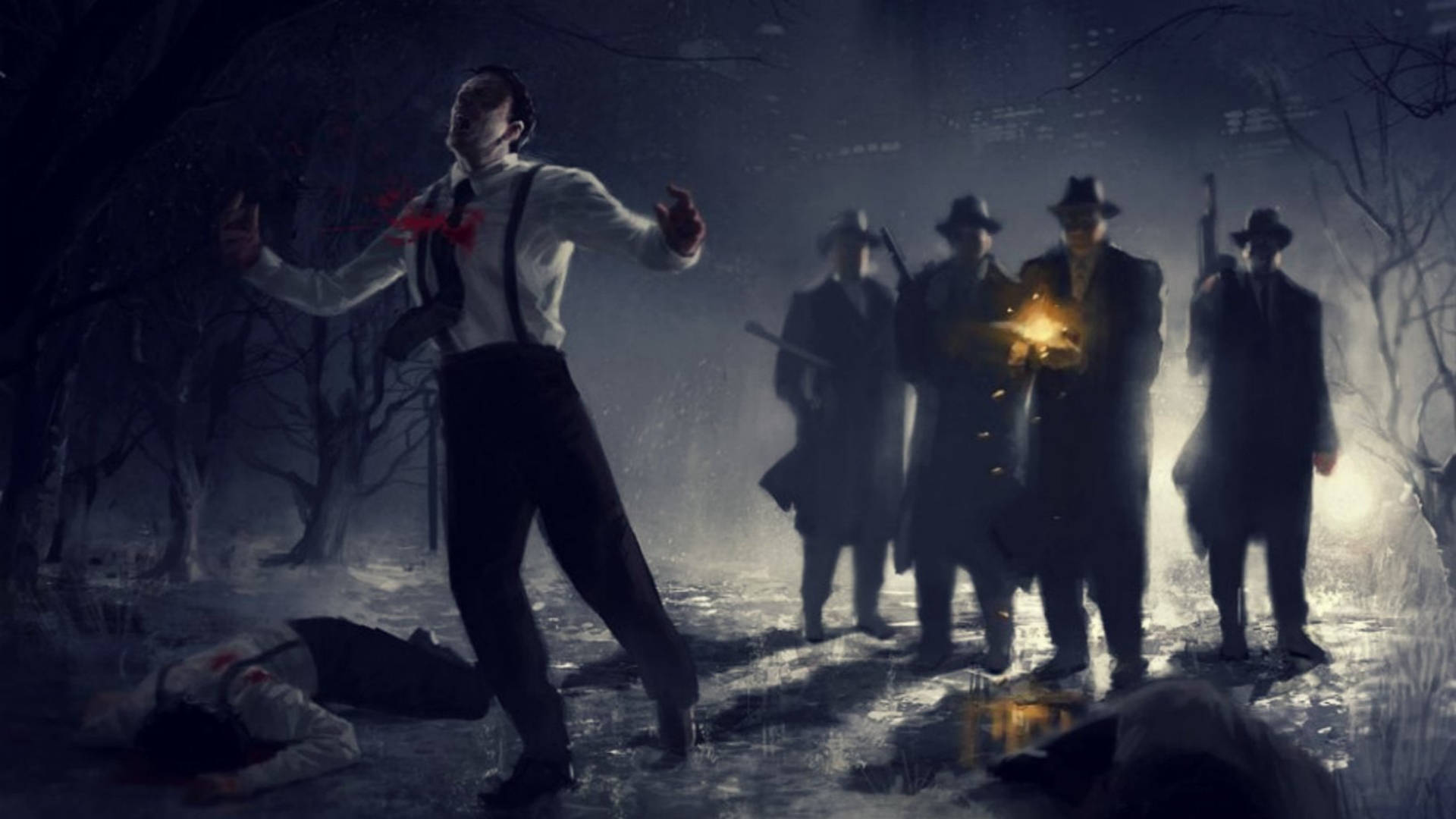 Godfather 桌布 壁紙 — 一個穿著白襯衫和吊帶的男人在雪夜森林中挑釁地站著，而持槍的陰影人物正向他逼近。