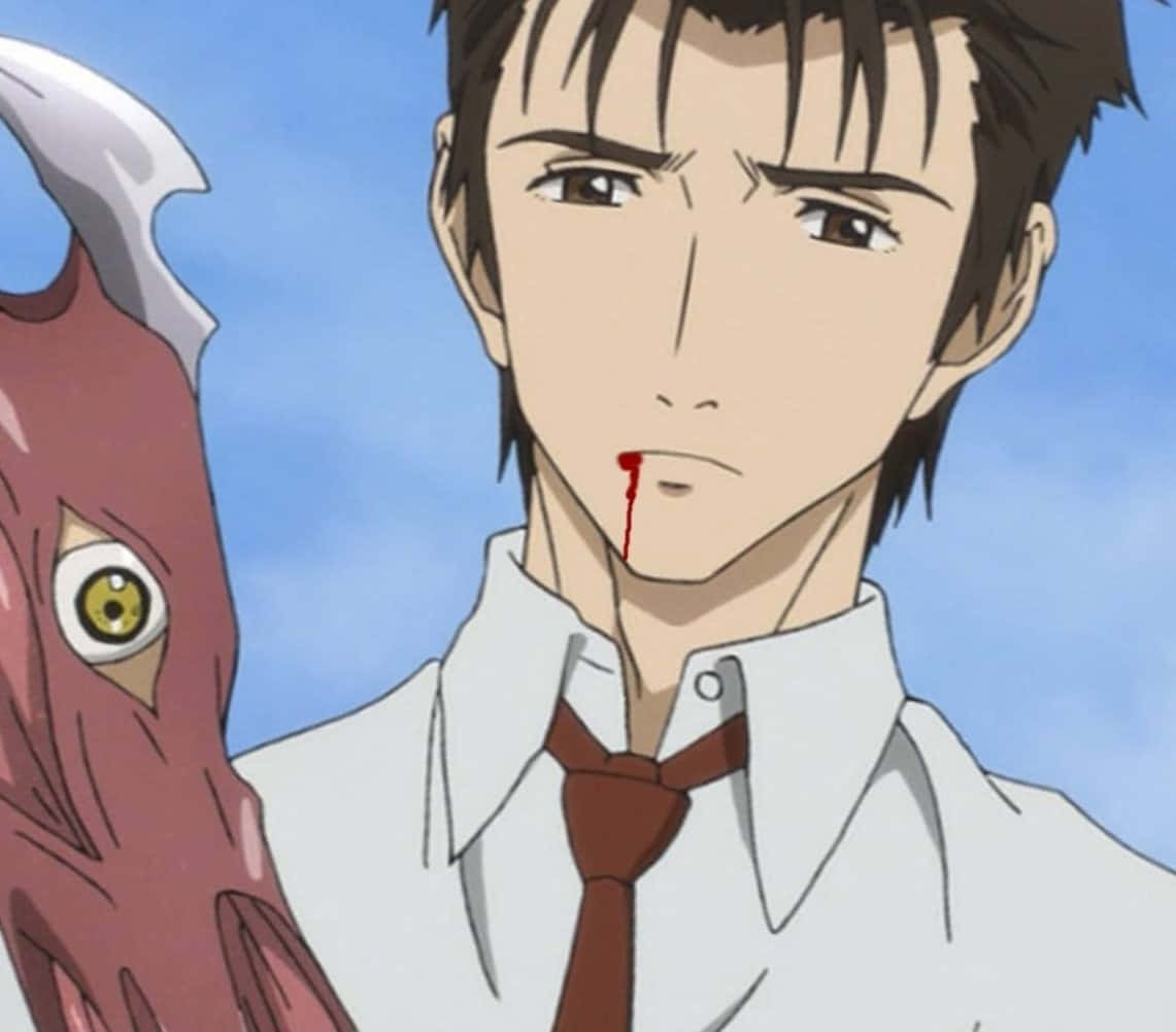 Parasyte 桌布 壁紙 — 一個穿著白襯衫和紅領帶的年輕男子，嘴唇滴著血，一個只有一隻黃眼睛的紅色怪物在他旁邊隱現，背景是藍天。