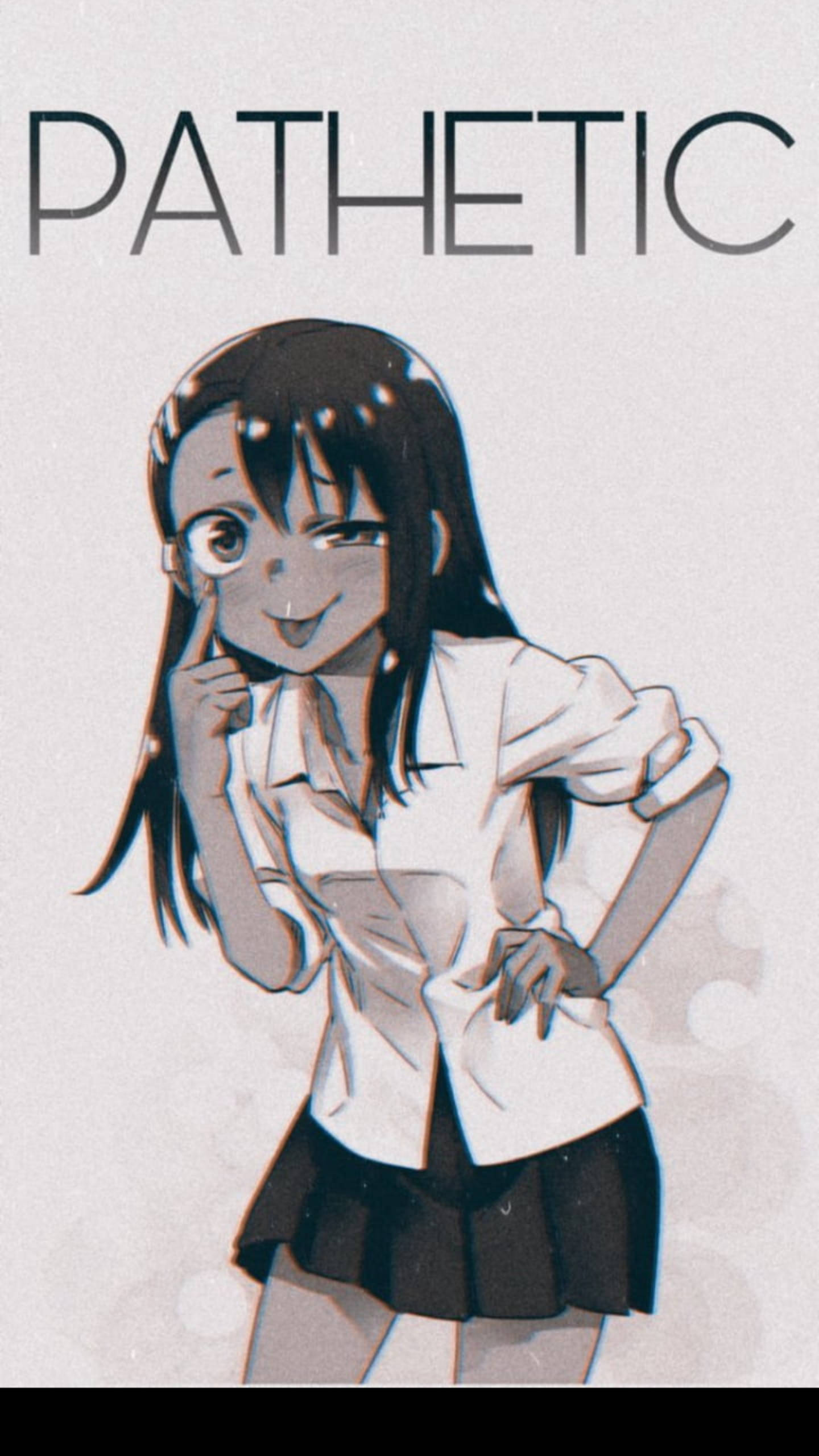 Nagatoro 桌布 壁紙 — 一個穿著白襯衫和黑裙的開朗動漫女孩，在純色背景前微笑著將手指放在嘴唇上。