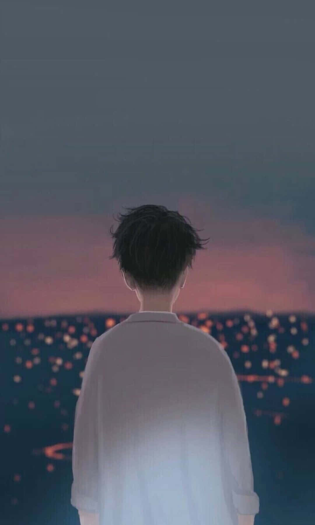 Animated 桌布 壁紙 — 一個穿著白襯衫的人背向觀眾，凝視著溫暖燈光閃爍的暮色城市景觀。