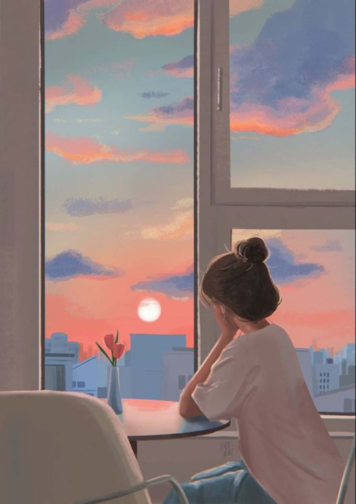 動漫女孩 桌布 壁紙 — 一個穿著白襯衫的女孩望向窗外，欣賞著城市景觀上充滿活力的日落，天空中有粉紅色、橙色和藍色的雲彩。