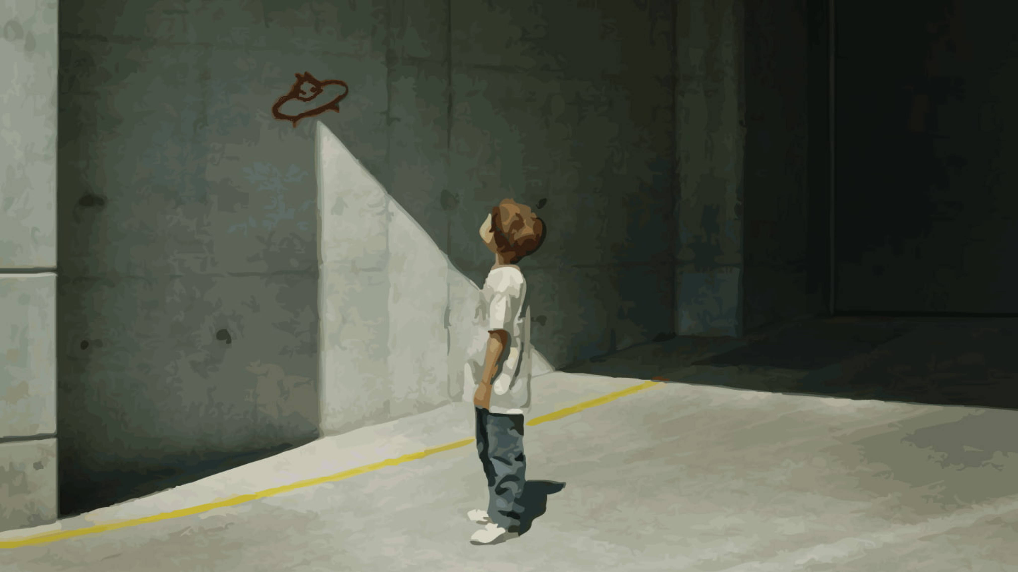Banksy 桌布 壁紙 — 一個穿著白襯衫的小男孩站在混凝土小巷中，抬頭望著牆上一個被強烈陽光照射的小型紅色塗鴉漩渦。