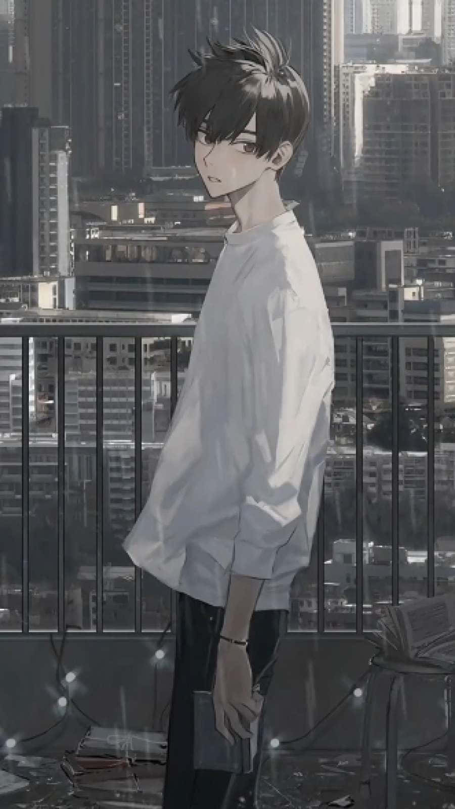 Rain Anime 桌布 壁紙 — 一個穿著白襯衫的年輕動畫男孩站在下雨的城市陽台上，俯瞰著高樓大廈，有串燈柔和地發光。